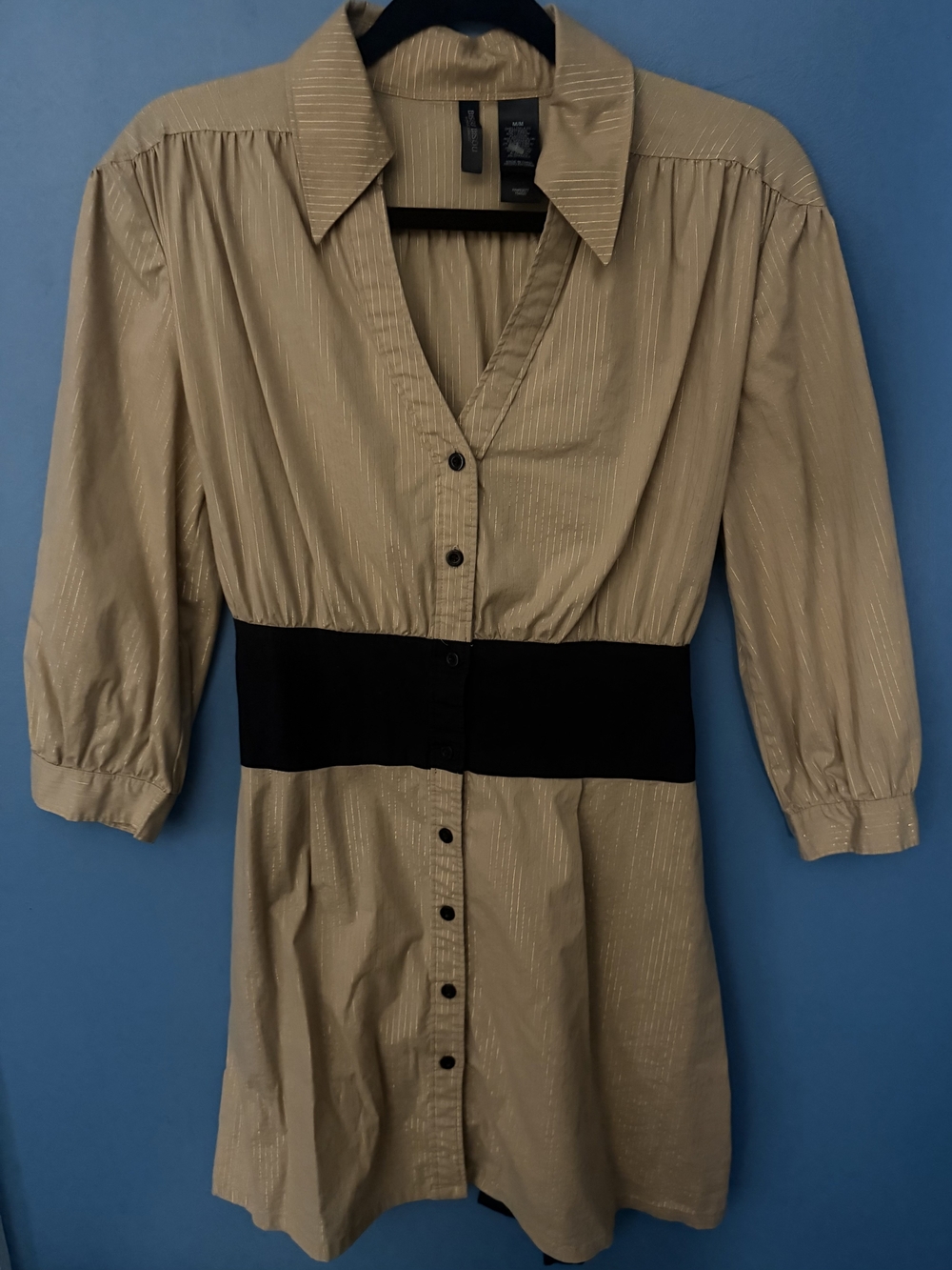 Bisou Bisou Beige Shirt Dress with Black Waist Panel
